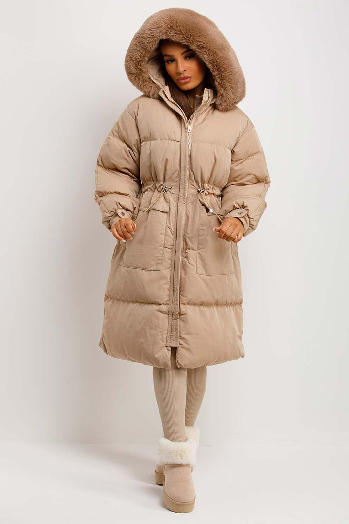Jolie | Women's longline puffer coat with premium faux fur hood