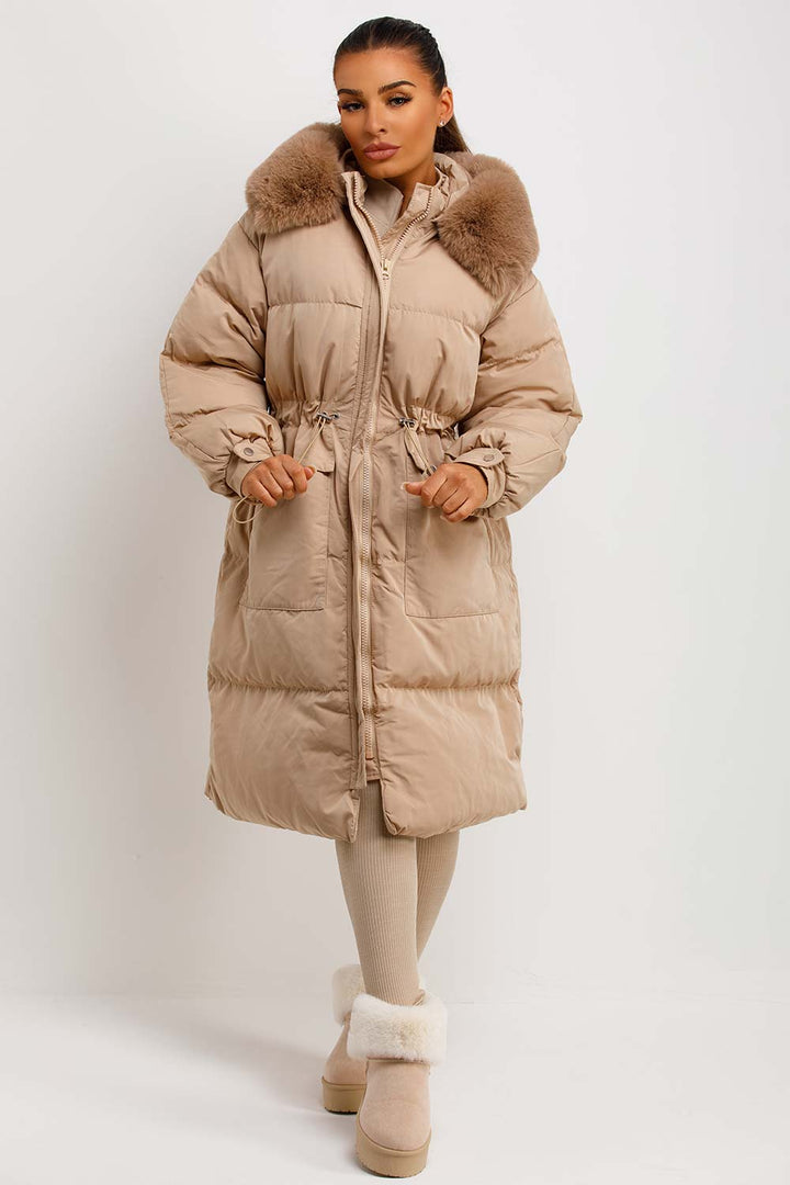 Jolie | Women's longline puffer coat with premium faux fur hood