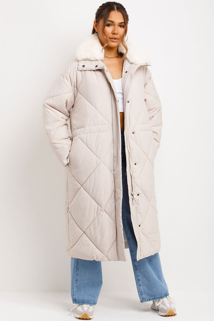 Jazmine | Women’s long quilted puffer coat with faux fur collar