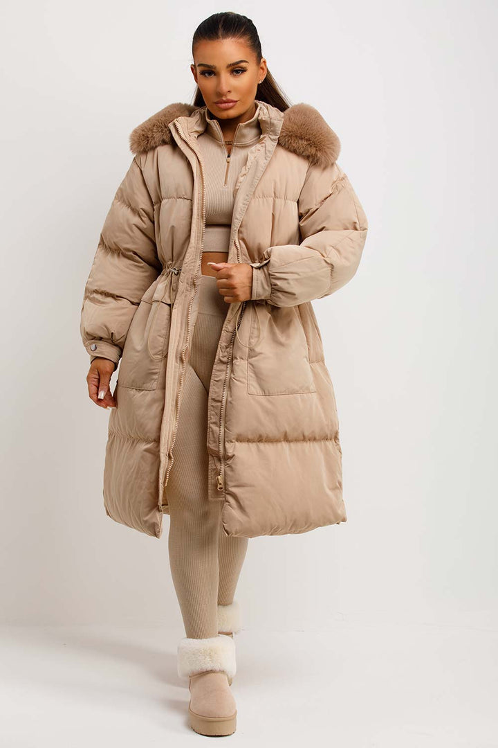 Jolie | Women's longline puffer coat with premium faux fur hood