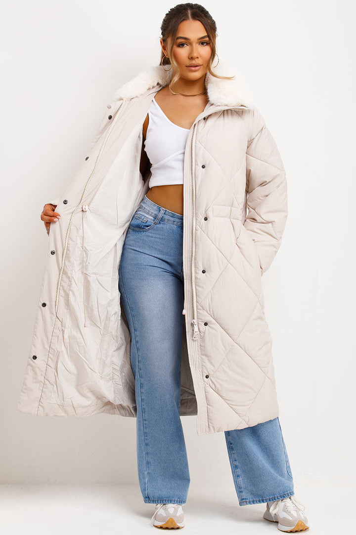 Jazmine | Women’s long quilted puffer coat with faux fur collar