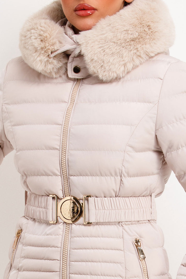 Penny | Women’s faux fur hooded puffer jacket with gold belt