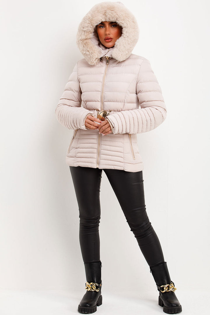 Penny | Women’s faux fur hooded puffer jacket with gold belt