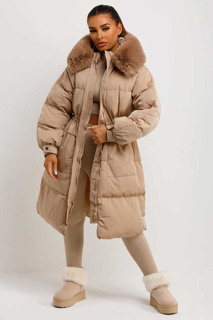 Jolie | Women's longline puffer coat with premium faux fur hood