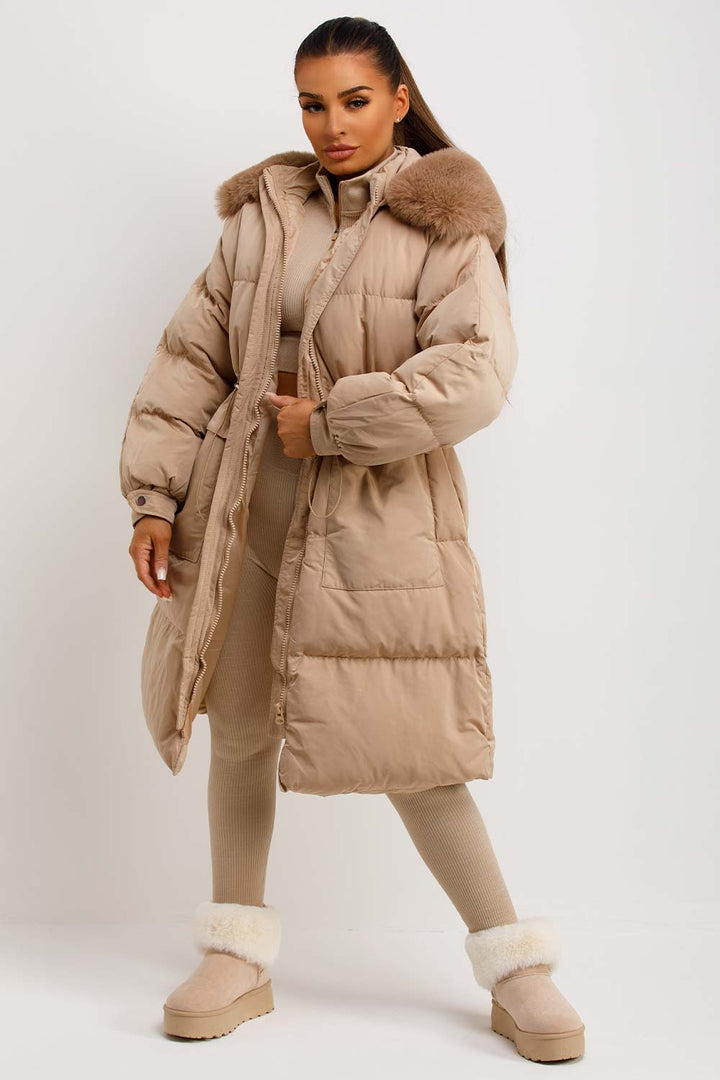 Jolie | Women's longline puffer coat with premium faux fur hood