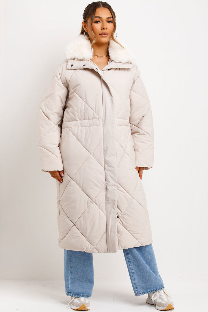 Jazmine | Women’s long quilted puffer coat with faux fur collar