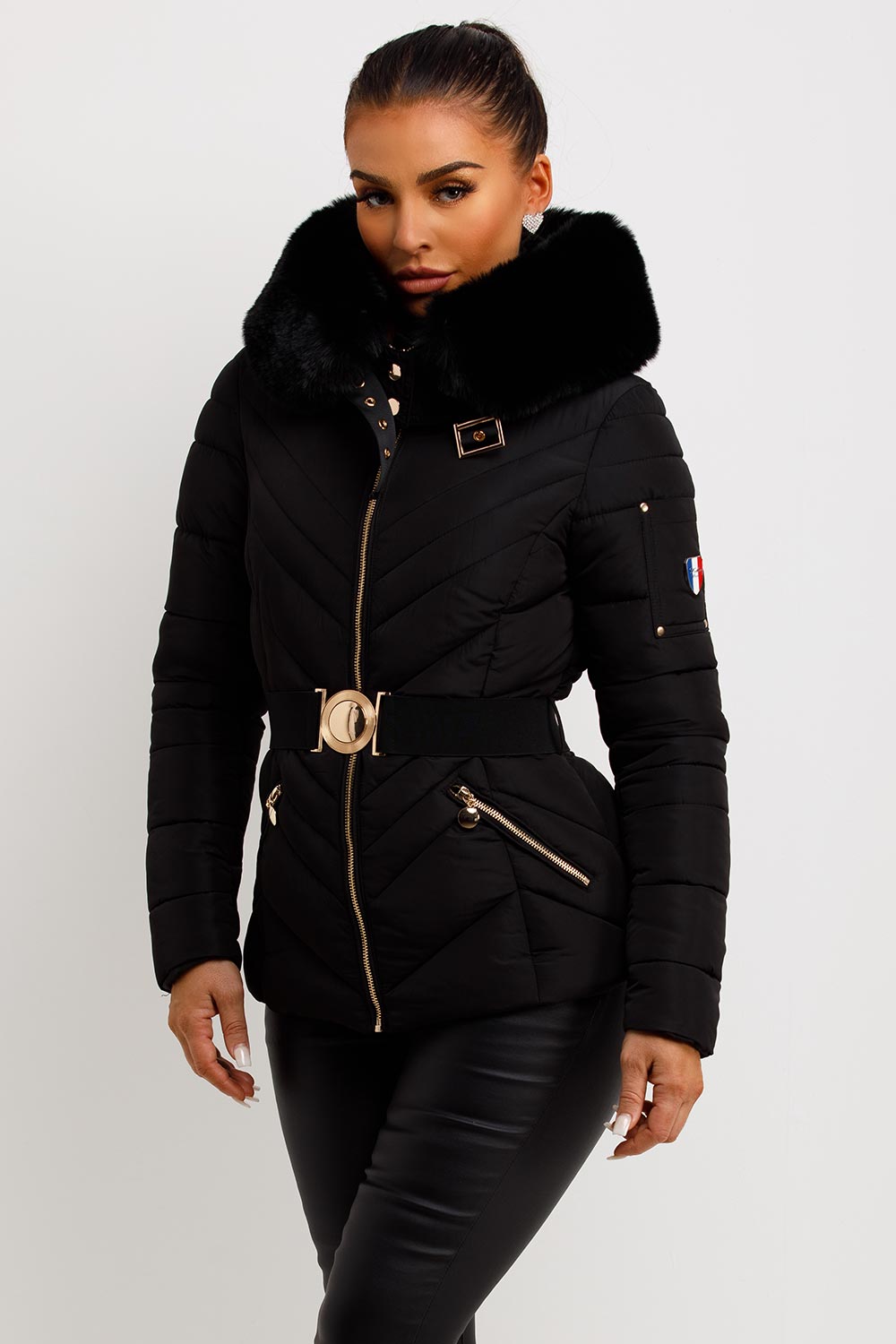 Michelle | Women’s luxe belted puffer jacket with faux fur hood
