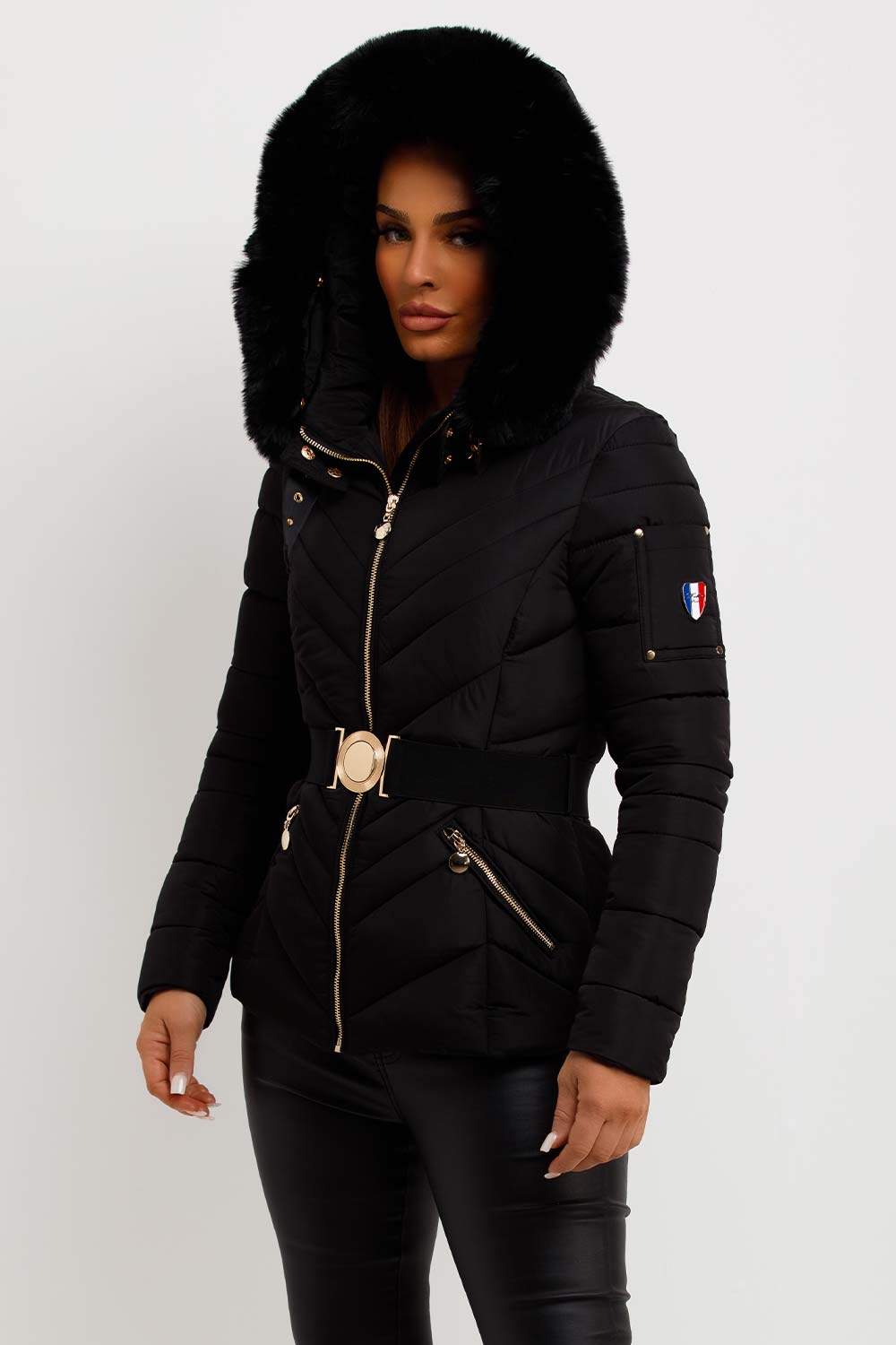 Michelle | Women’s luxe belted puffer jacket with faux fur hood