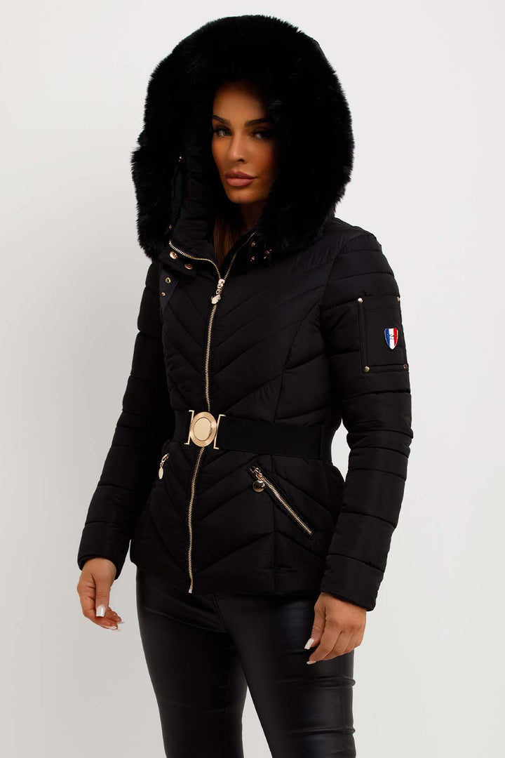 Michelle | Women’s luxe belted puffer jacket with faux fur hood