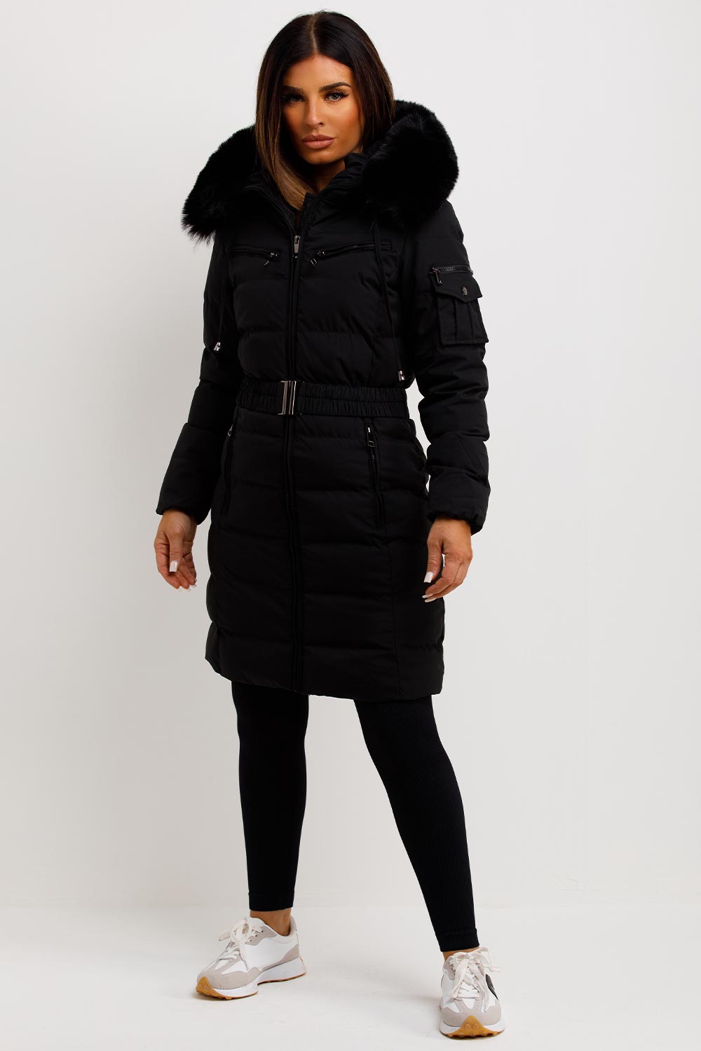 Madelyn | Women’s belted long puffer coat with faux fur hood