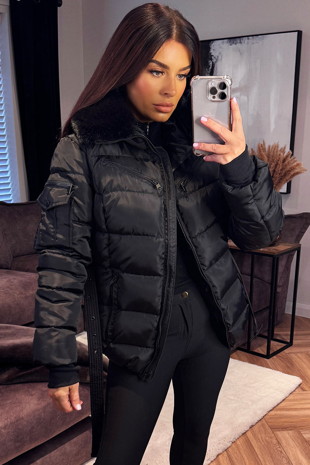 Jane | Women’s belted faux fur hooded puffer jacket