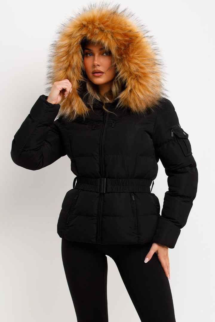 Lucille | Women’s belted faux fur hooded puffer jacket
