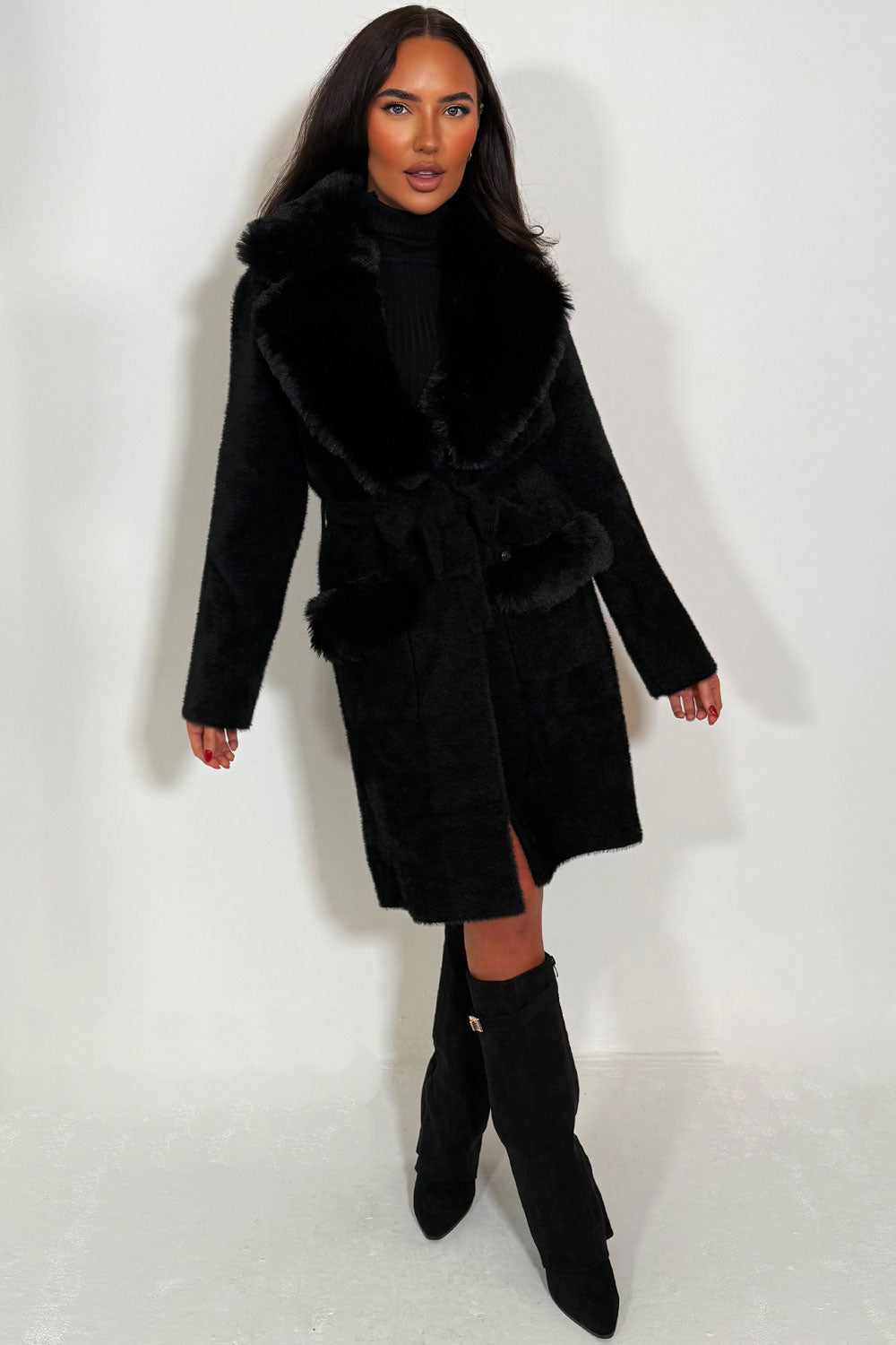 Angelina | Women’s black belted coat with faux fur collar