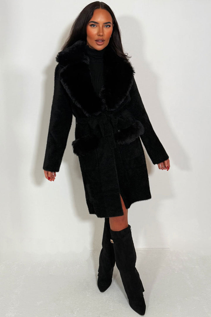 Angelina | Women’s black belted coat with faux fur collar