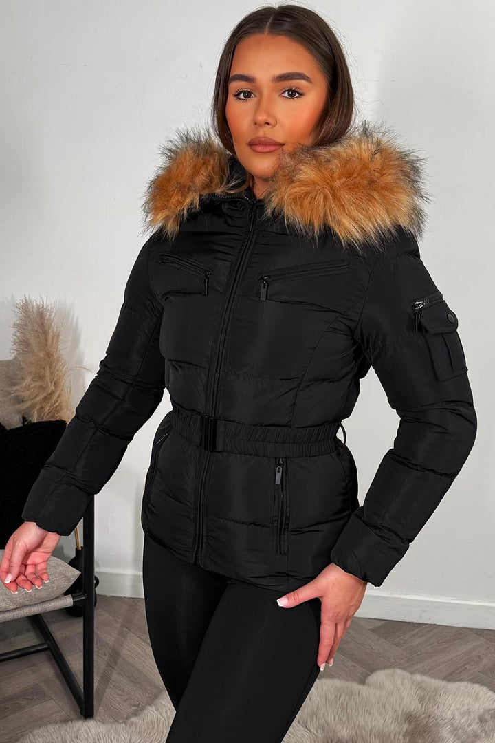 Lucille | Women’s belted faux fur hooded puffer jacket