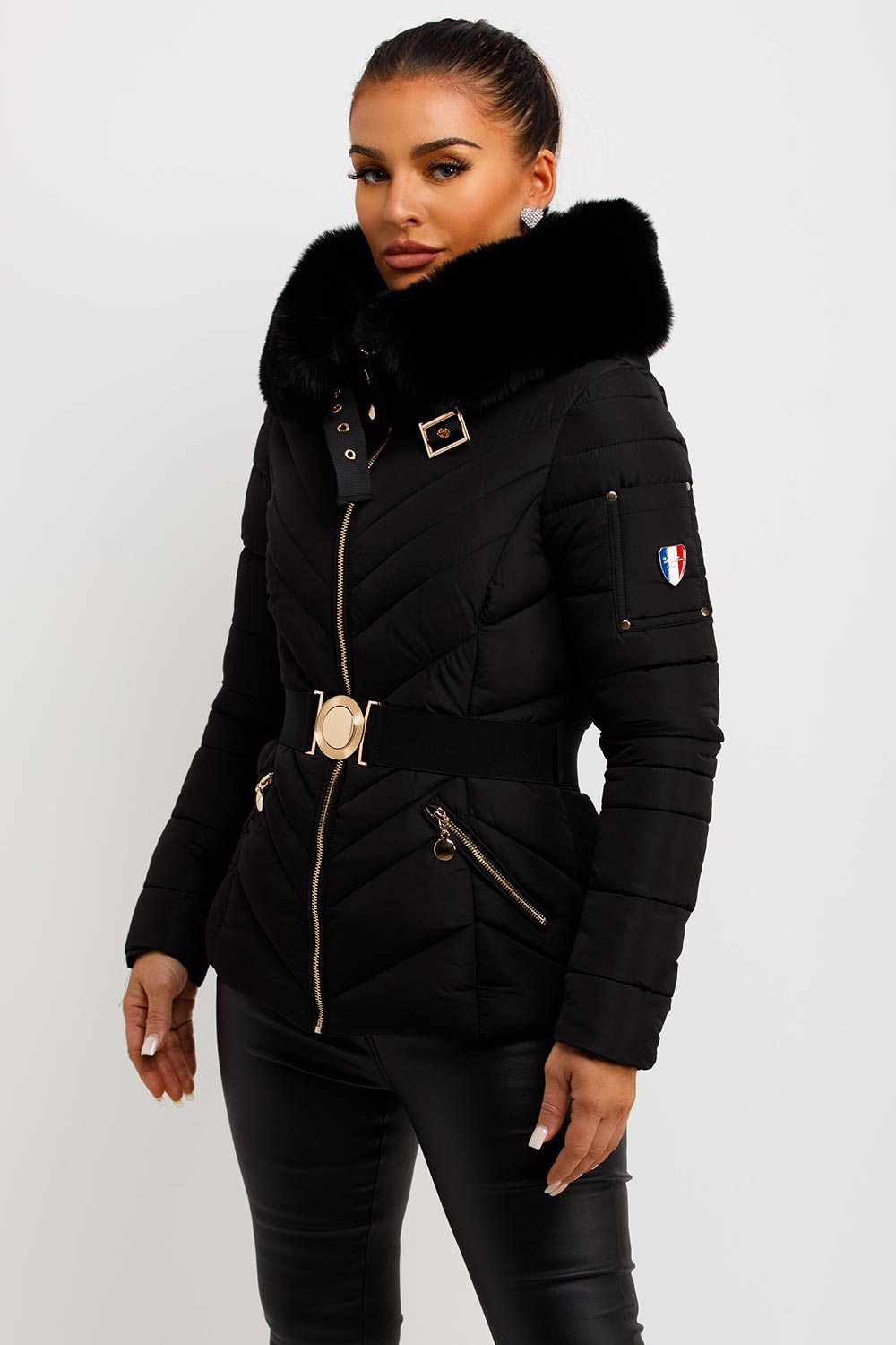 Michelle | Women’s luxe belted puffer jacket with faux fur hood