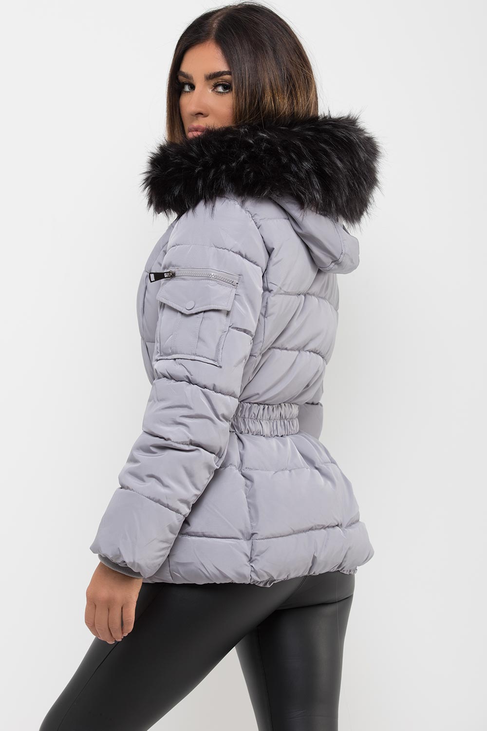 Cassidy | Women’s belted puffer jacket with detachable faux fur hood