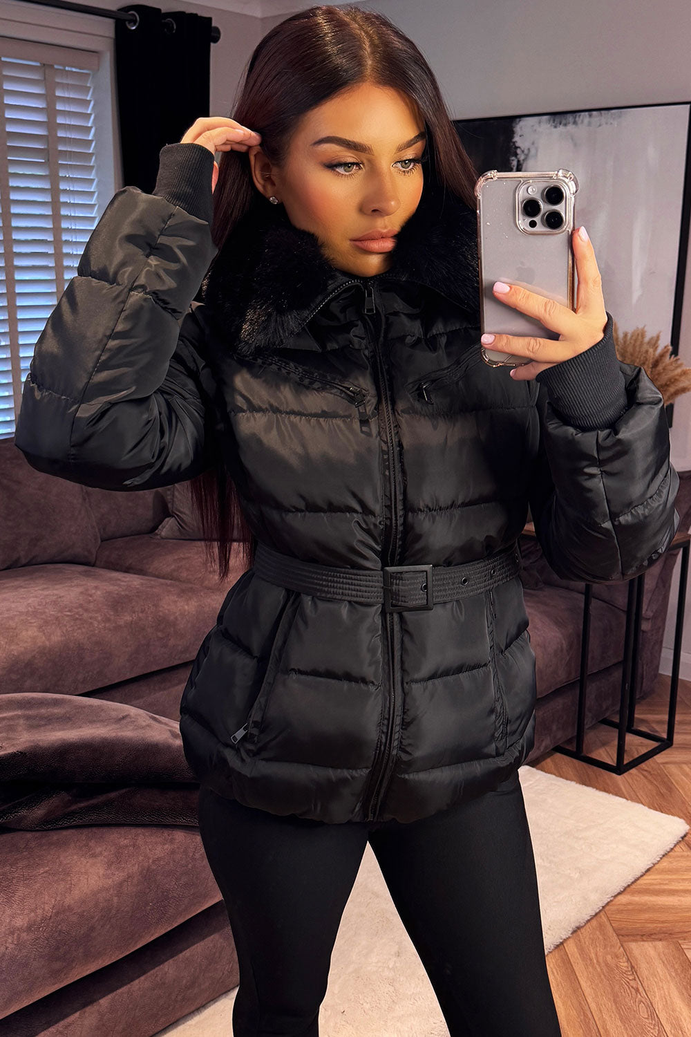 Jane | Women’s belted faux fur hooded puffer jacket