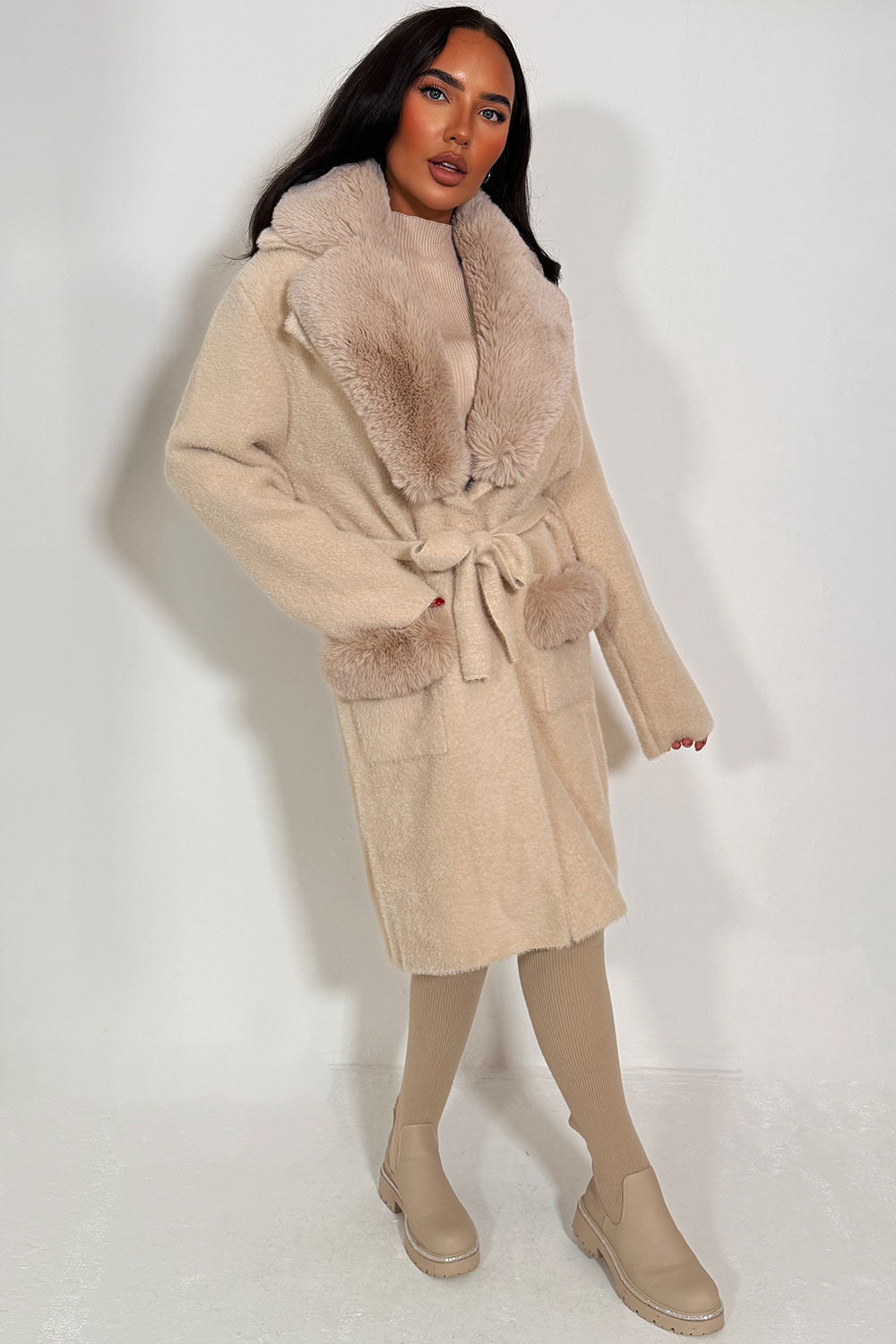Alayna | Women’s belted coat with faux fur collar and cuffs