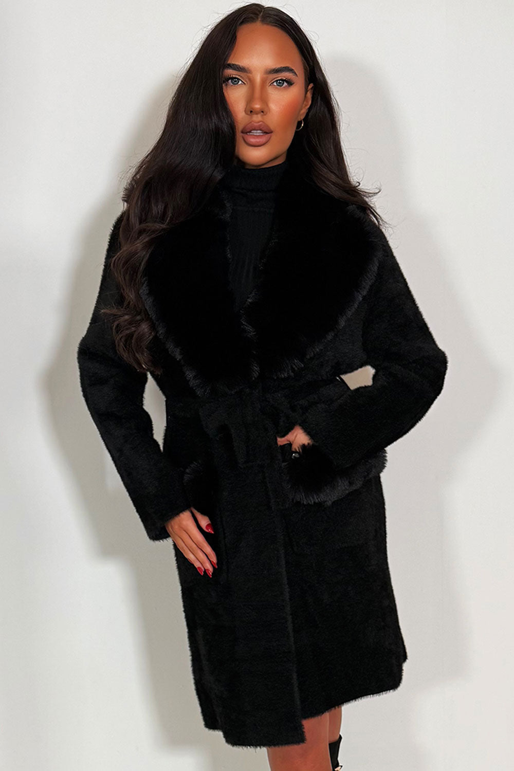 Angelina | Women’s black belted coat with faux fur collar