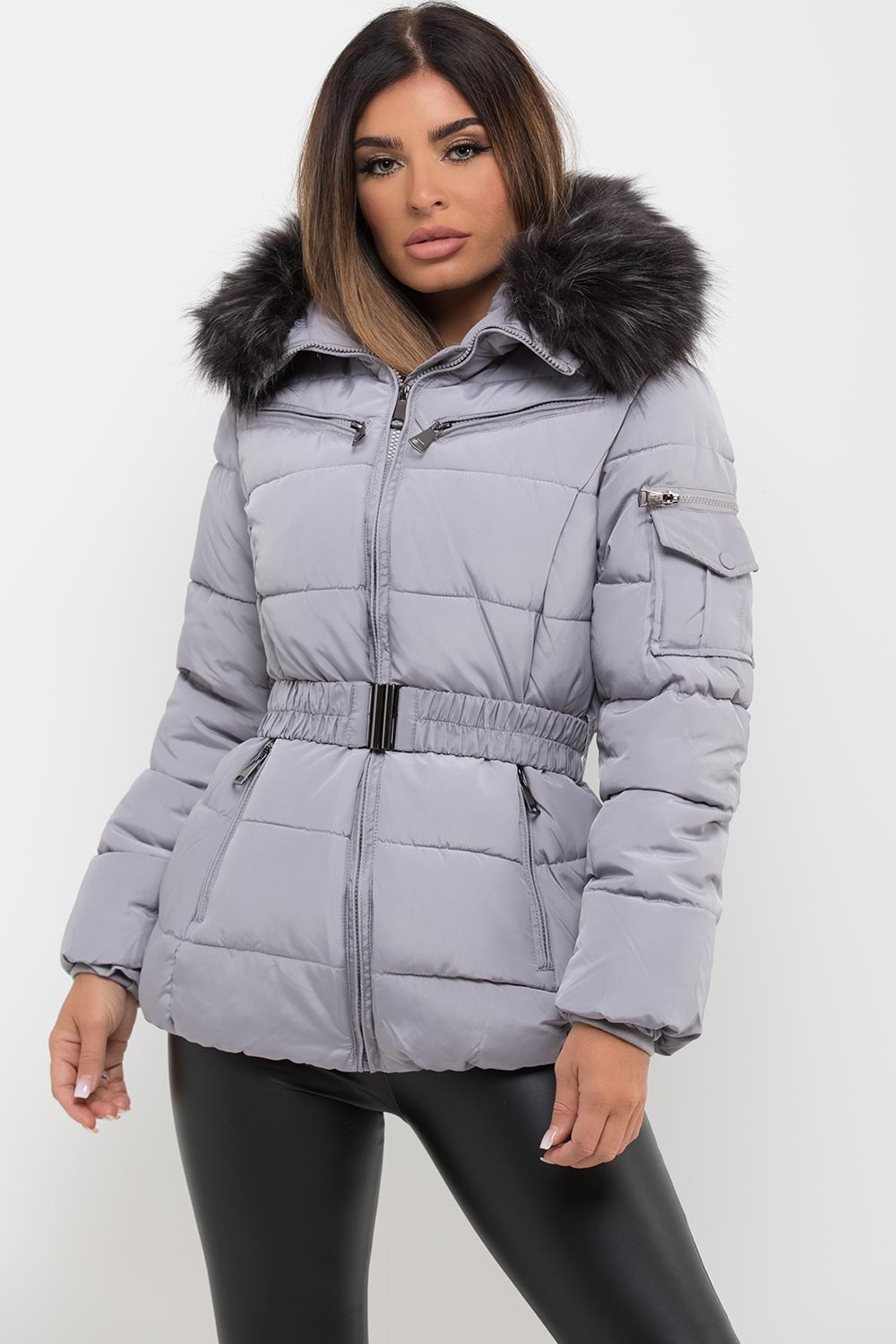 Cassidy | Women’s belted puffer jacket with detachable faux fur hood