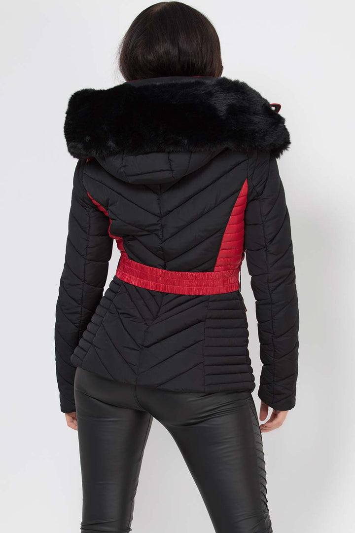 Karter | Women’s belted two-tone puffer jacket with luxe faux fur hood
