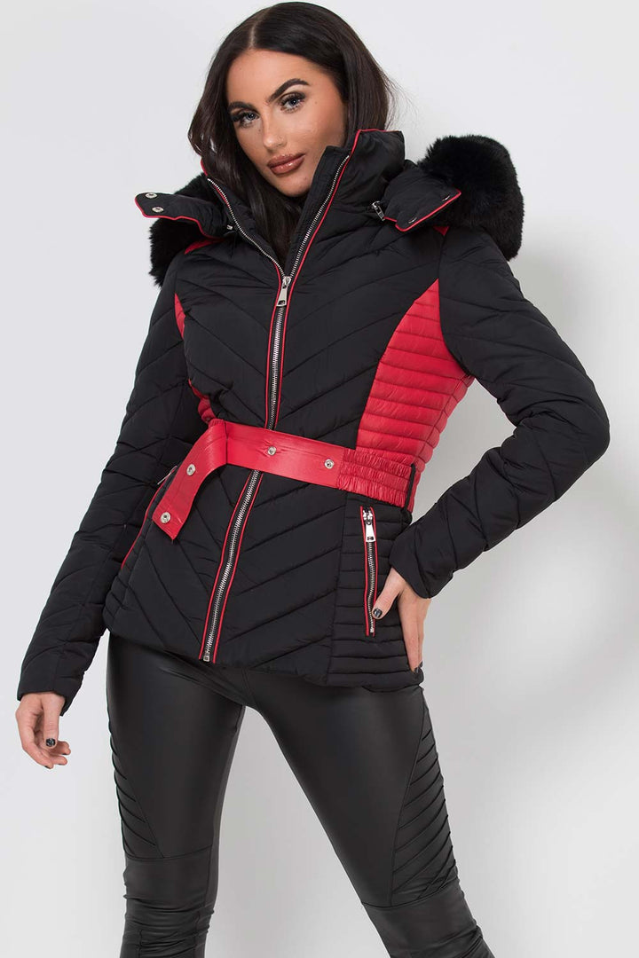 Karter | Women’s belted two-tone puffer jacket with luxe faux fur hood