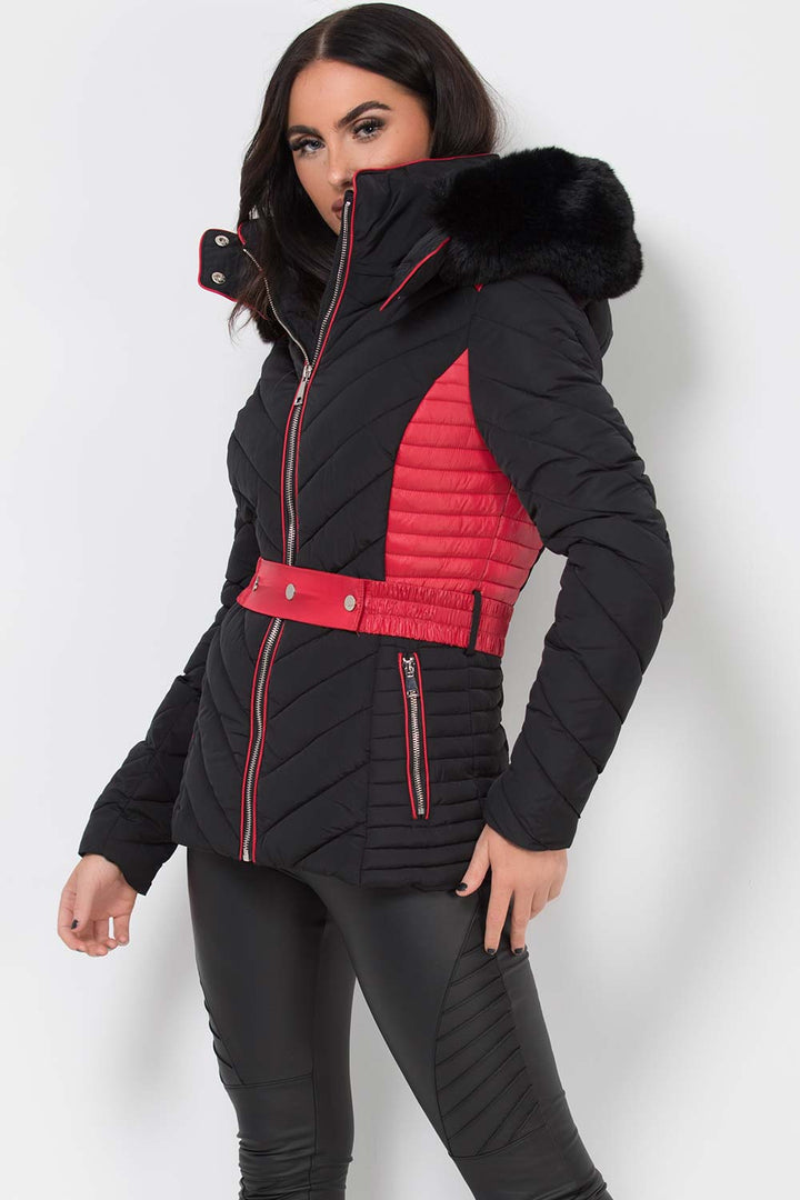 Karter | Women’s belted two-tone puffer jacket with luxe faux fur hood