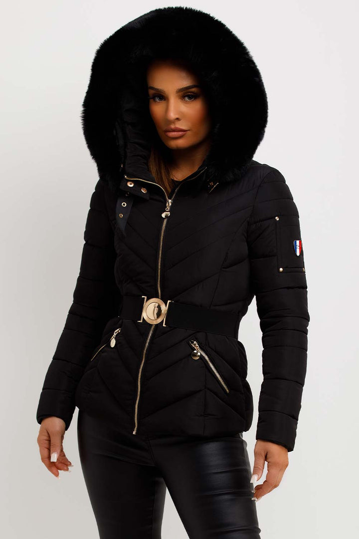 Michelle | Women’s luxe belted puffer jacket with faux fur hood