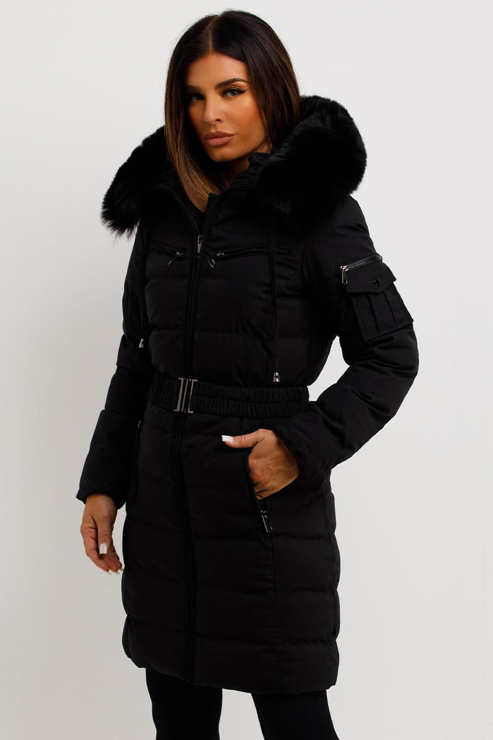 Madelyn | Women’s belted long puffer coat with faux fur hood