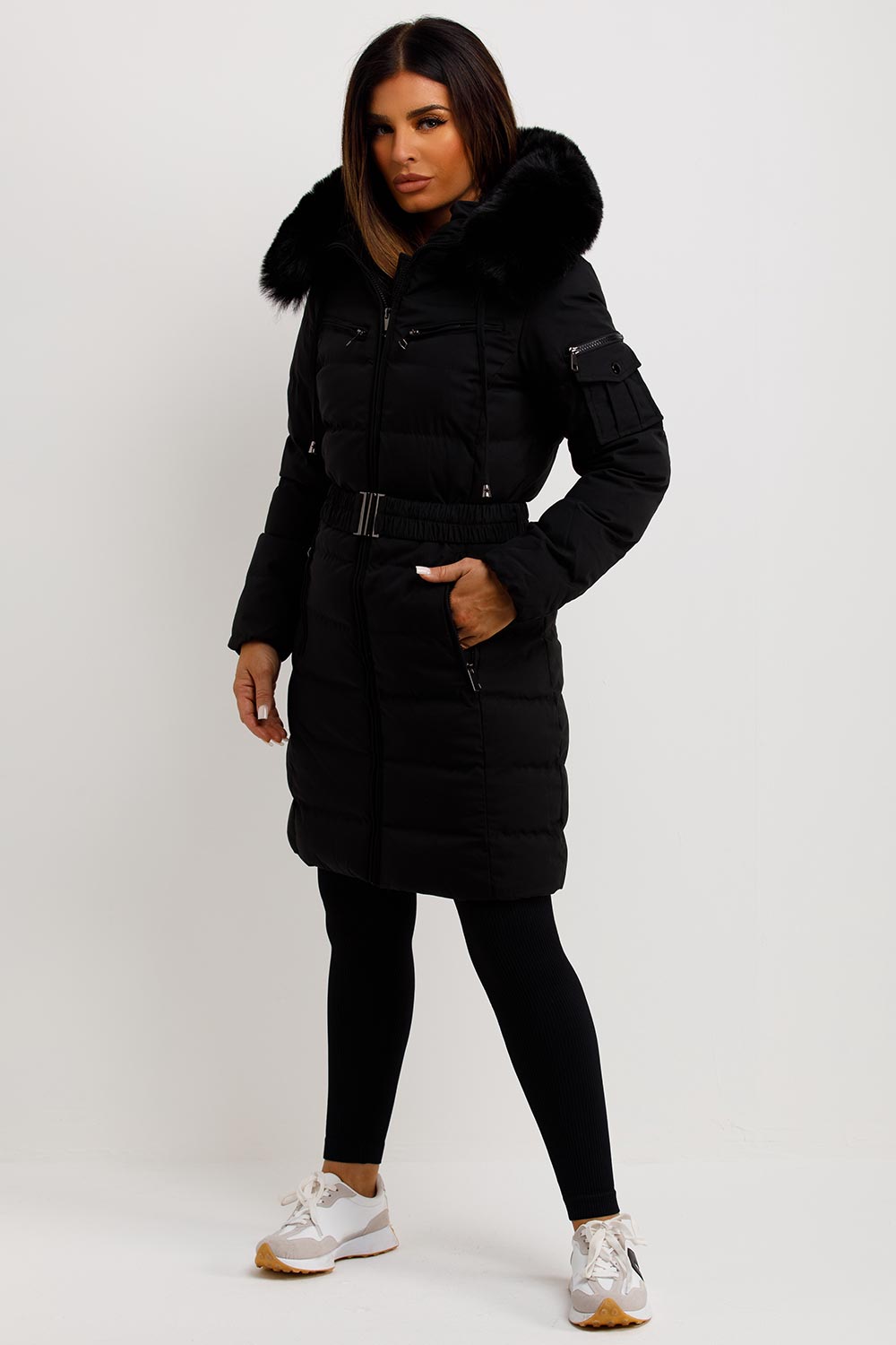 Madelyn | Women’s belted long puffer coat with faux fur hood