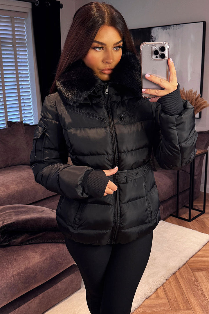 Jane | Women’s belted faux fur hooded puffer jacket