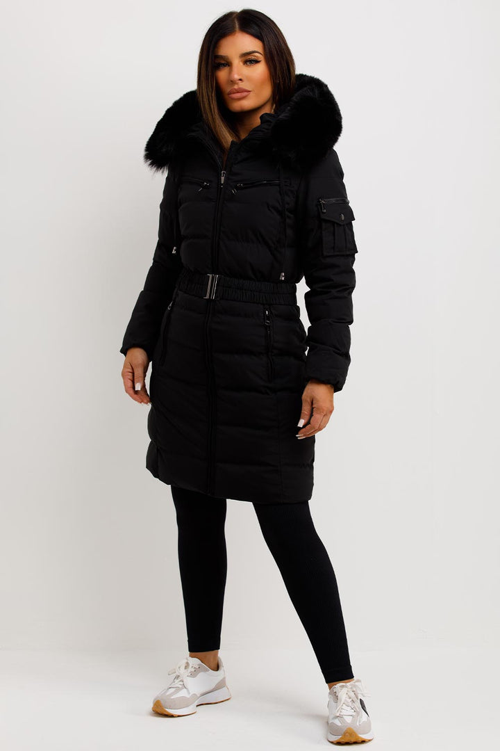 Madelyn | Women’s belted long puffer coat with faux fur hood