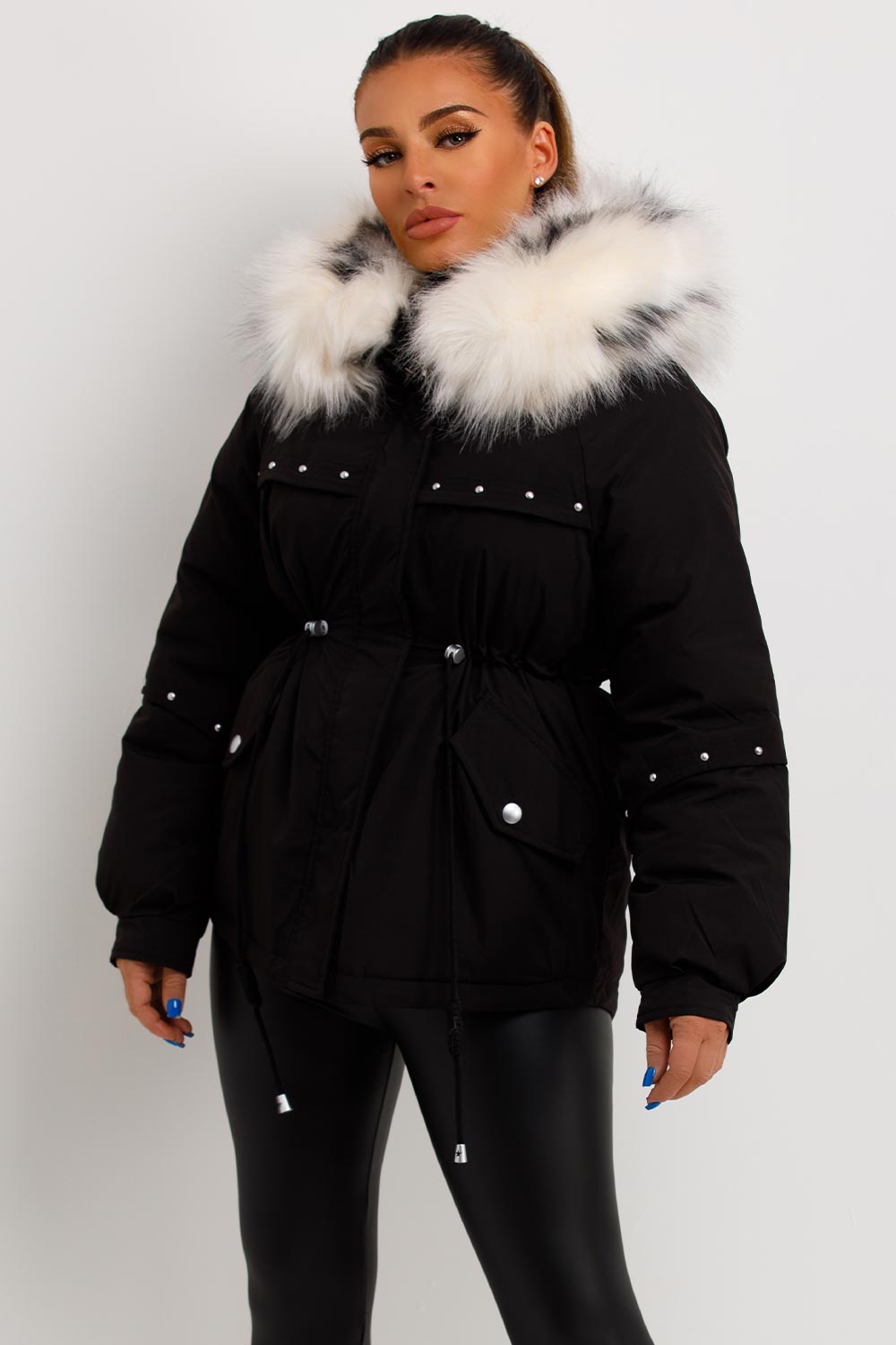 Janelle | Women’s faux fur hood coat with stud detail