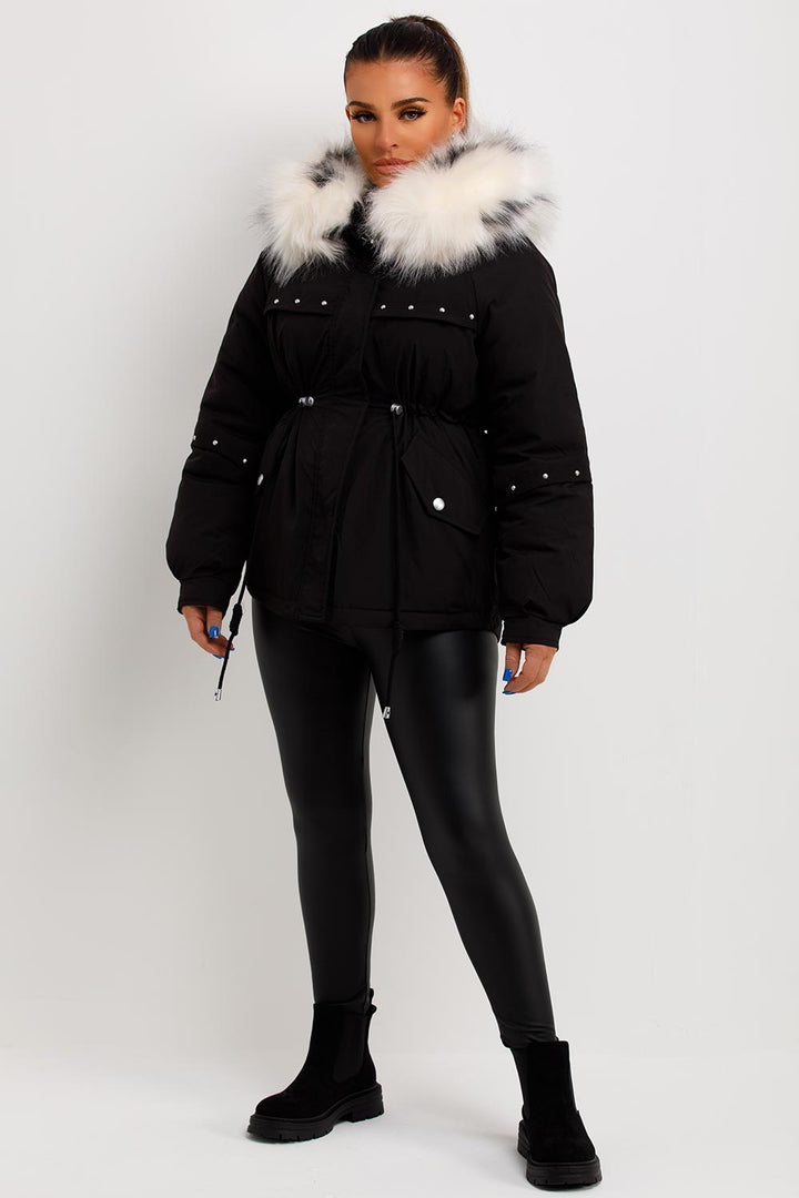 Janelle | Women’s faux fur hood coat with stud detail