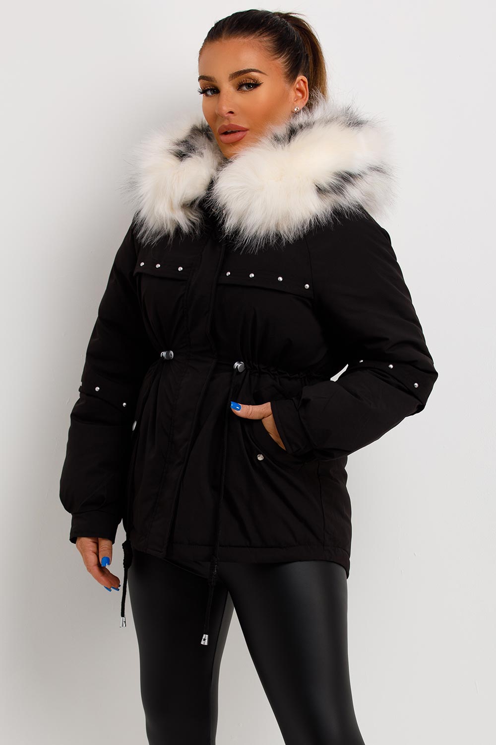 Janelle | Women’s faux fur hood coat with stud detail