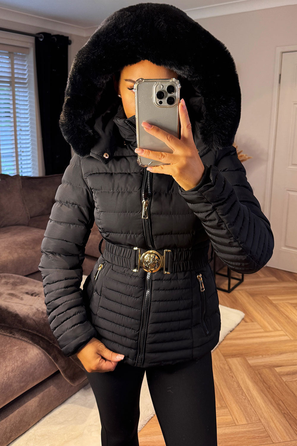Ariel | Women’s faux fur hooded puffer jacket with gold belt