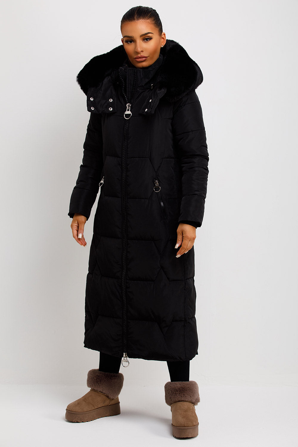 Maci | Women’s longline puffer coat with oversized faux fur hood