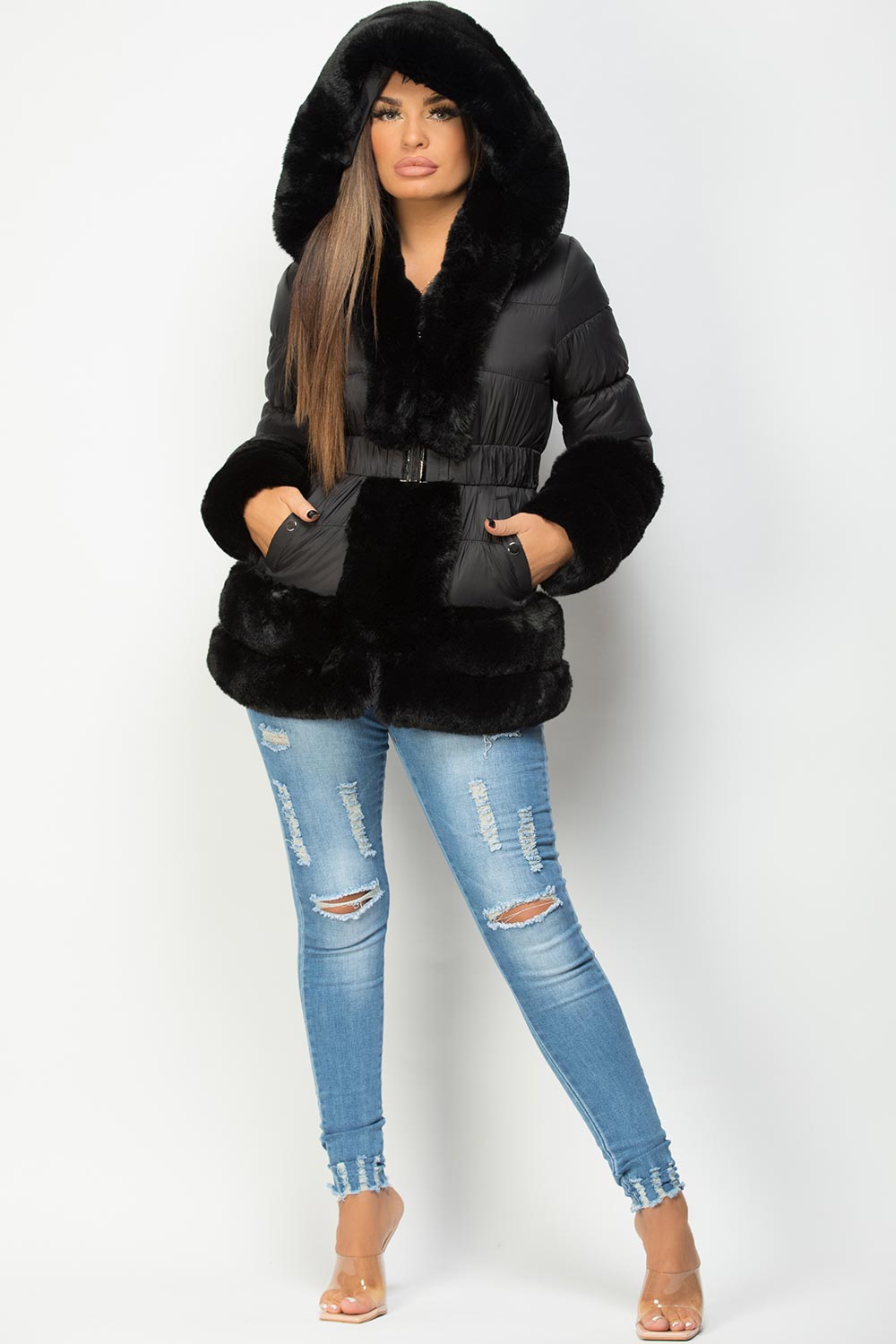 Estelle | Women’s luxe faux fur trim belted puffer jacket