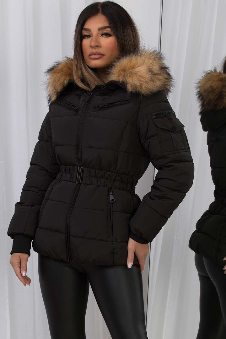 Lucille | Women’s belted faux fur hooded puffer jacket