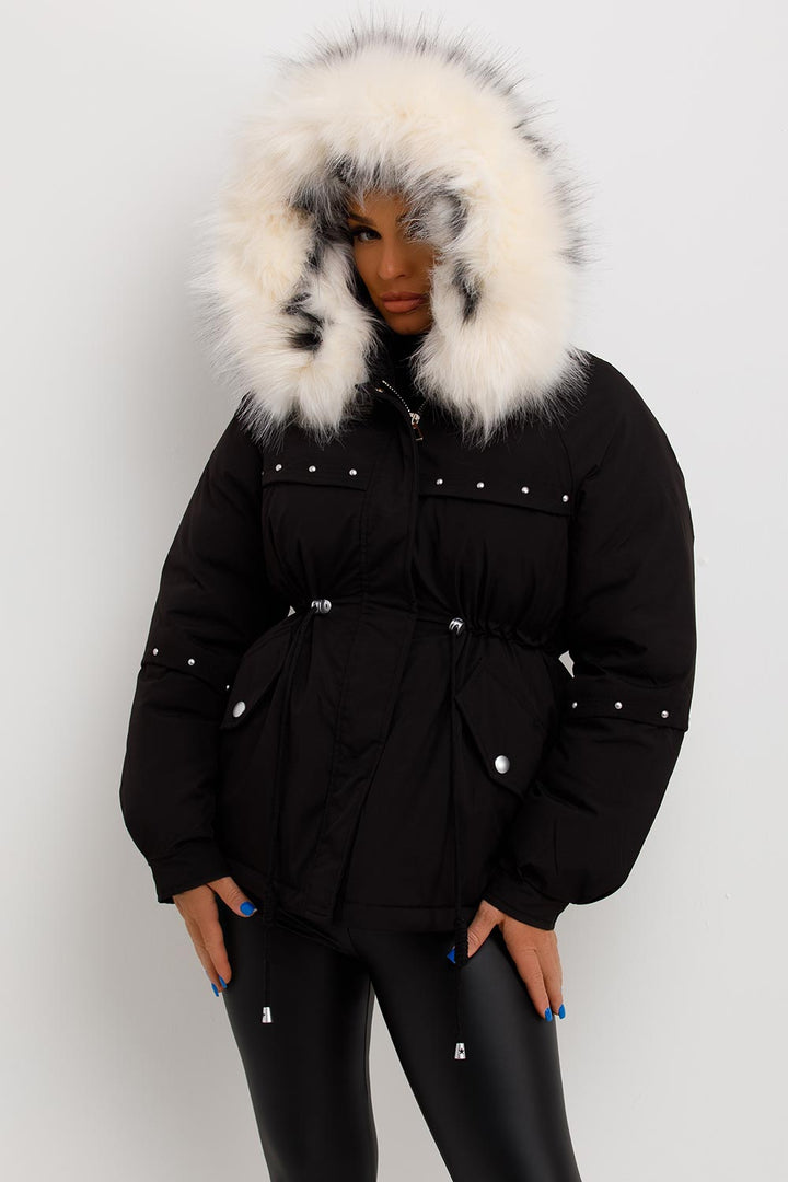 Janelle | Women’s faux fur hood coat with stud detail