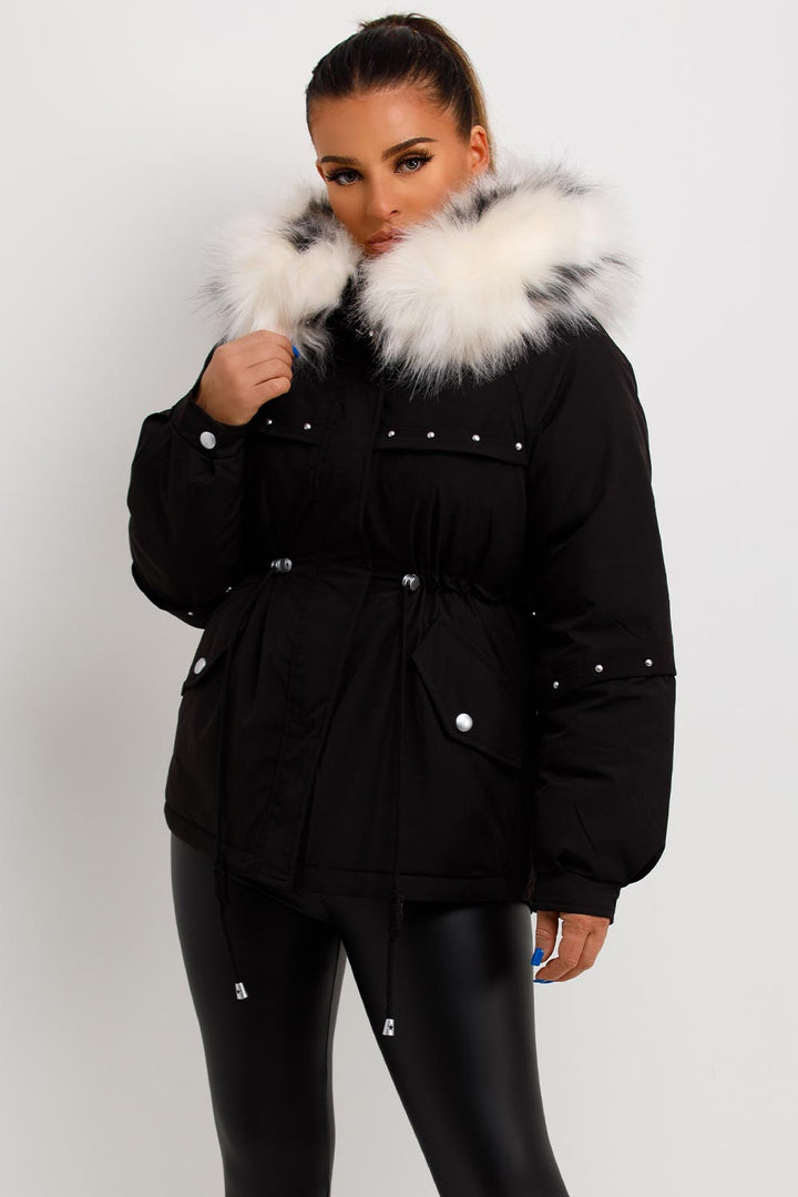 Janelle | Women’s faux fur hood coat with stud detail