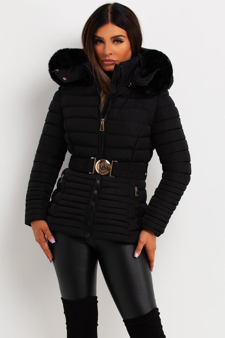 Ariel | Women’s faux fur hooded puffer jacket with gold belt