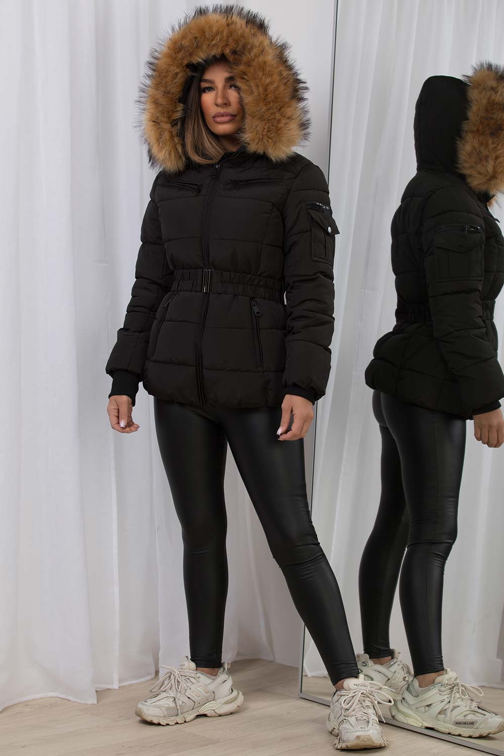 Lucille | Women’s belted faux fur hooded puffer jacket