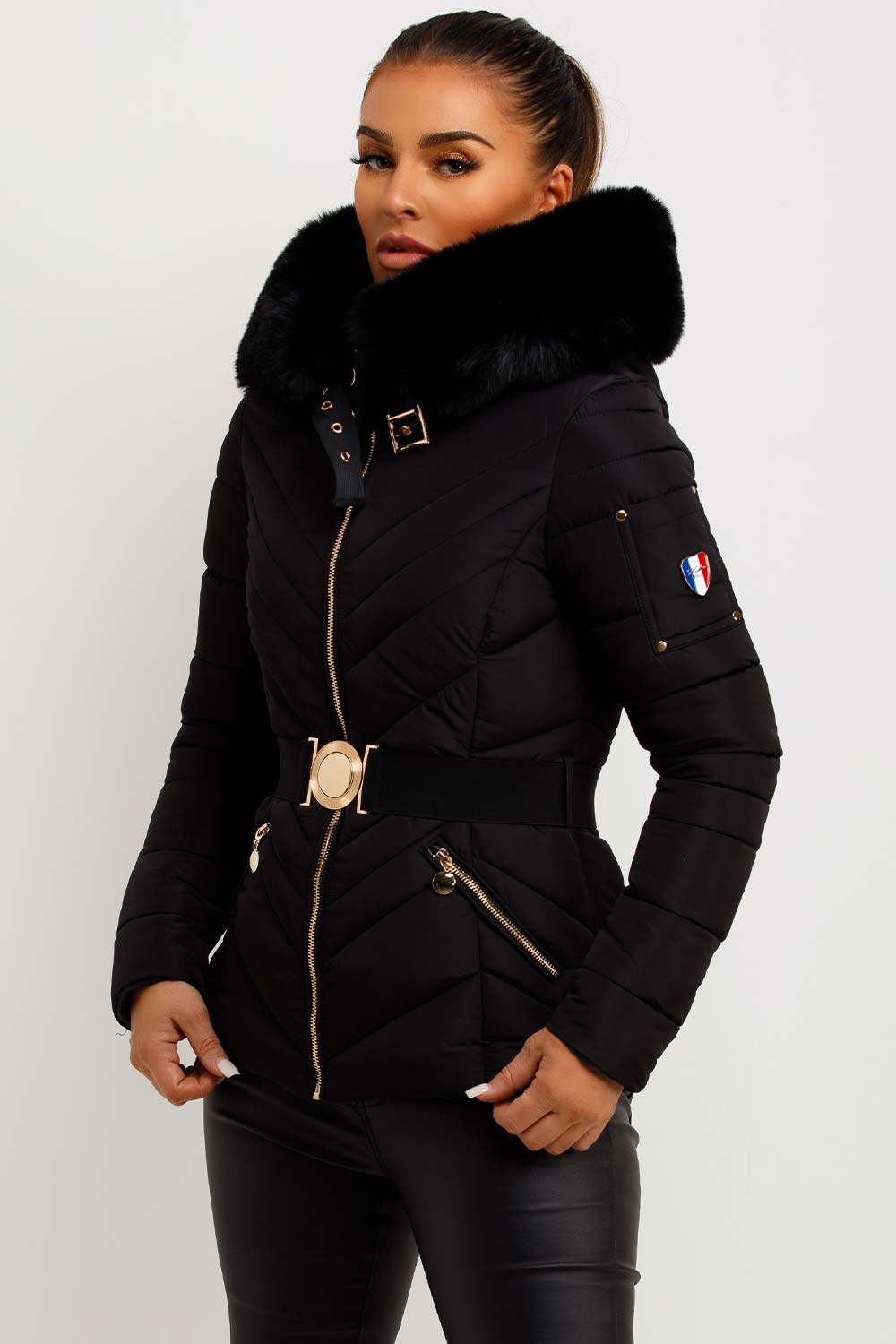 Michelle | Women’s luxe belted puffer jacket with faux fur hood