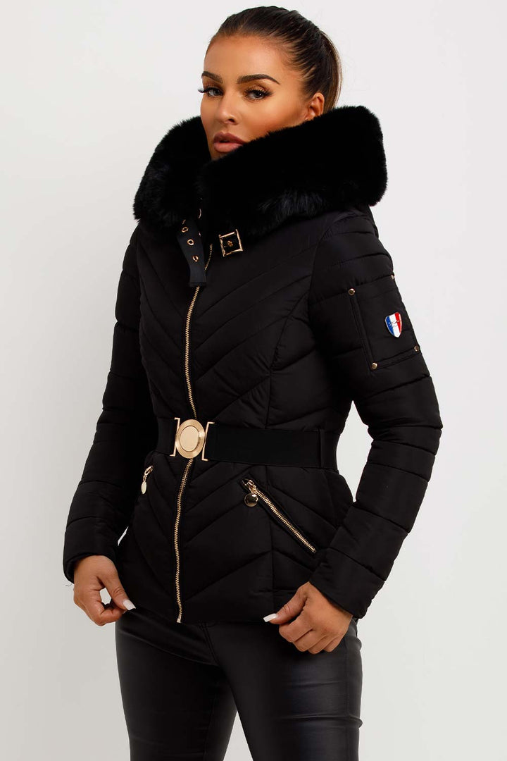 Michelle | Women’s luxe belted puffer jacket with faux fur hood