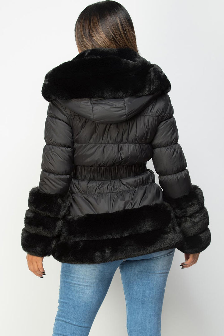 Estelle | Women’s luxe faux fur trim belted puffer jacket