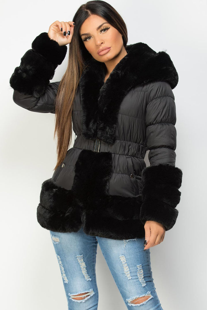 Estelle | Women’s luxe faux fur trim belted puffer jacket