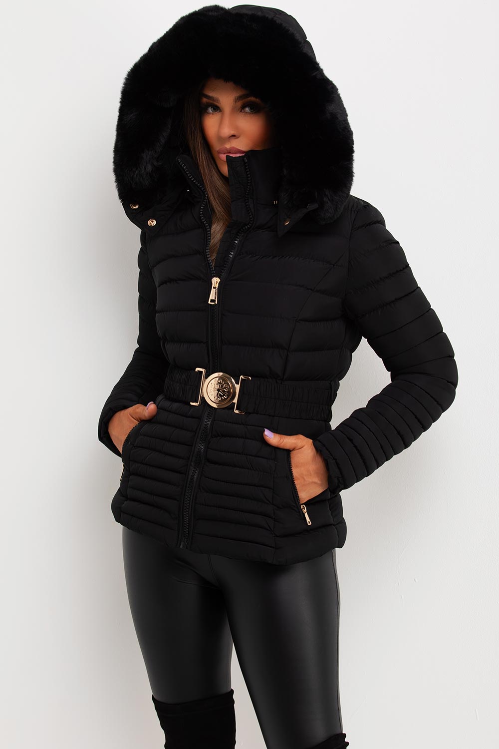 Ariel | Women’s faux fur hooded puffer jacket with gold belt