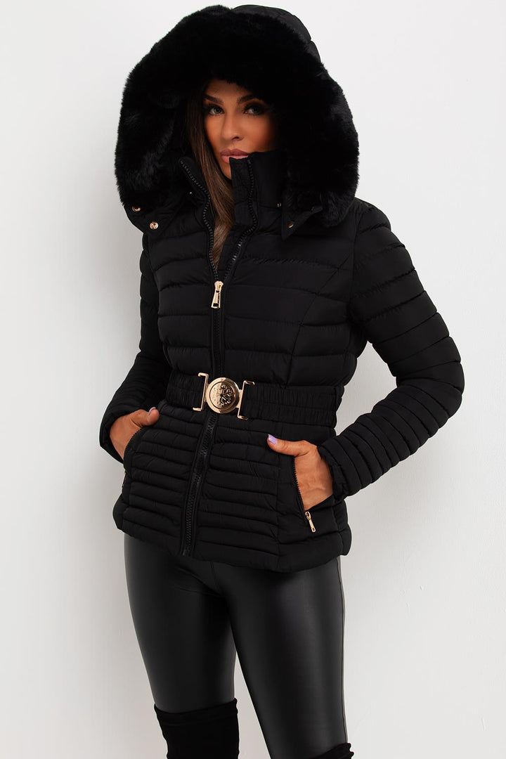 Ariel | Women’s faux fur hooded puffer jacket with gold belt